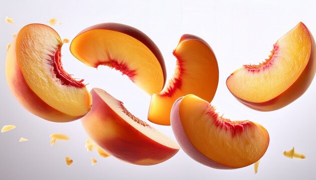slices of peaches floating and falling against a white background