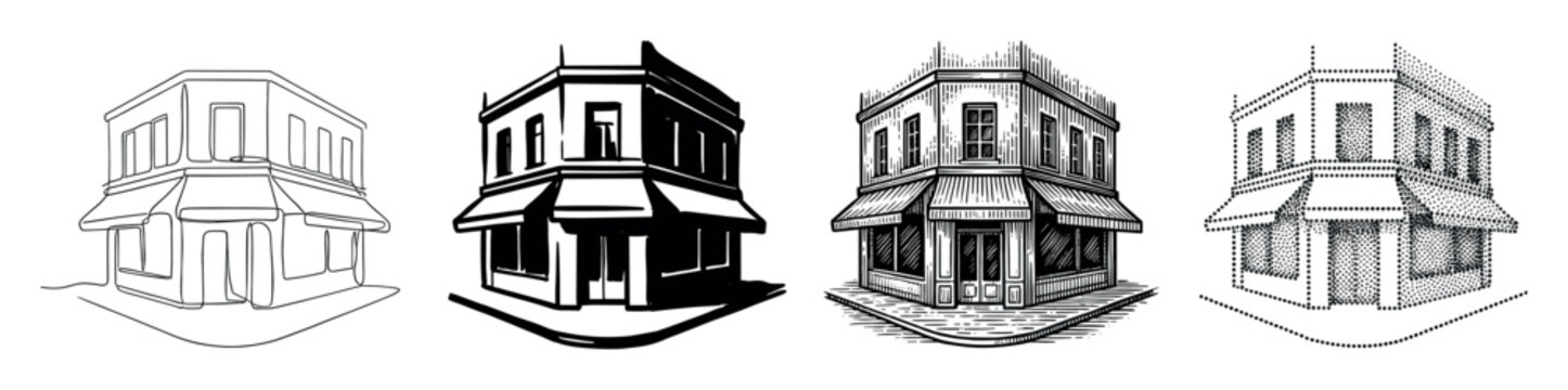 Collection of four corner shop illustrations rendered in various graphic styles like continuous line art, high-contrast silhouette, vintage engraving, and modern stippling