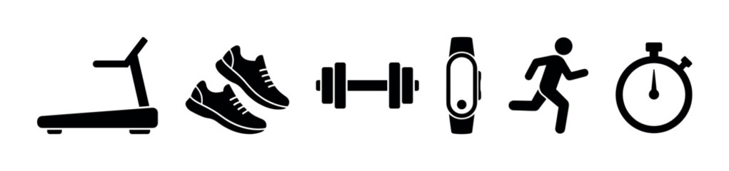 Fototapeta premium Set of black fitness icons showing a treadmill, sneakers, dumbbell, tracker, runner, and stopwatch for gym and workout concepts, presented in a simple, minimalist graphic style