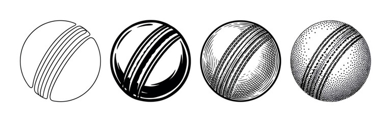 Naklejka premium Four black and white cricket ball illustrations in a row showing different artistic styles like line art, graphic icon, vintage engraving, and modern stippling dotwork