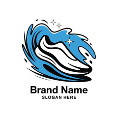 Dynamic Wave Logo with Blue, White, and Black Colors and Sparkling Stars Element