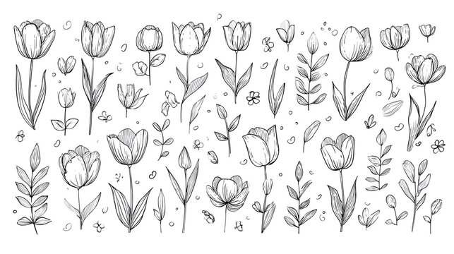 Hand Drawn Sketch Collection of Various Tulip Flowers and Botanical Elements.