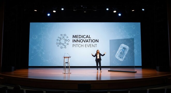 Man presenting on stage at medical innovation pitch event.