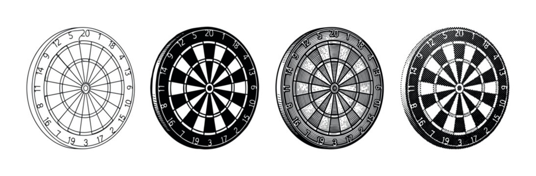Four classic dartboard illustrations in a horizontal set, demonstrating a stylistic evolution from simple outline to solid silhouette, detailed woodcut, and retro halftone