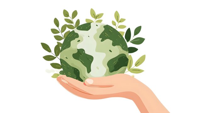 Hand holding green Earth with leaves, symbolizing environmental protection and sustainability.