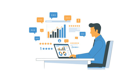 Fototapeta premium Vector illustration of man working on laptop with data analysis graphics