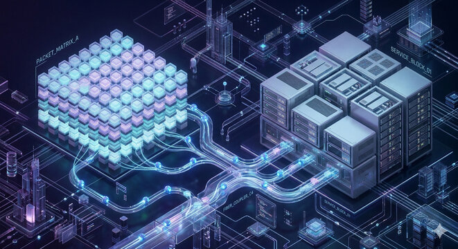 Isometric 3D rendering of microservice architecture and data packet routing in a futuristic server environment