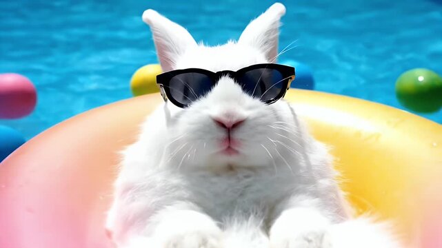 White rabbit with sunglass inside pink pool float