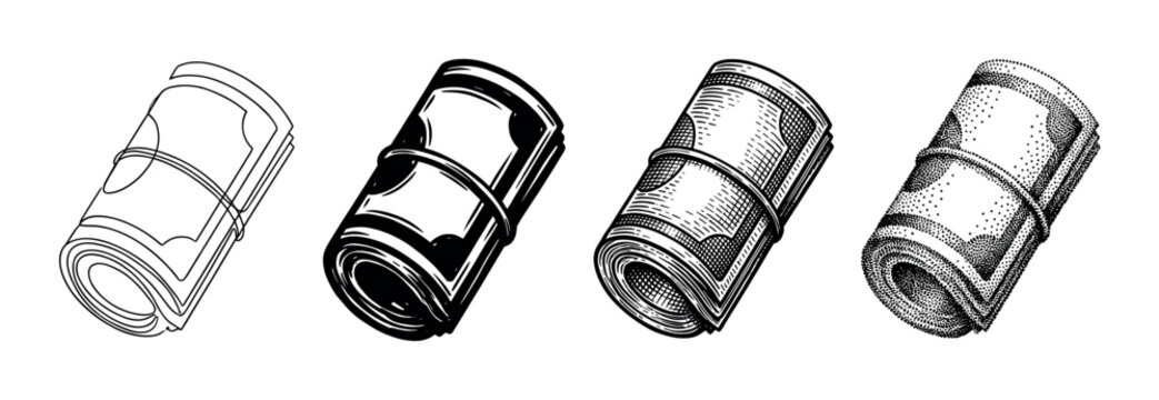 Four rolled banknote illustrations in different artistic styles including line art, solid ink, engraving, and stippling, presented in a vintage monochrome graphic set