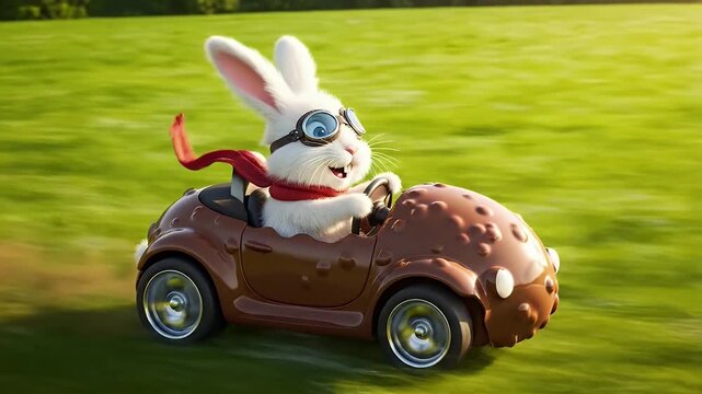 White rabbit pilot in chocolate car on green grass field
