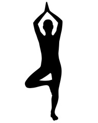 Fototapeta premium Yoga Pose Silhouette, Silhouette of a person in yoga pose, standing on one leg with arms raised, 