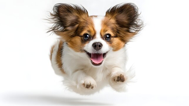 Happy Papillon Dog Leaping in Mid-Air with Ears Flying on White Background.