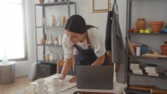 Woman in apron leaning over table writing notes with hand on notebook in pottery studio; concentration craft.