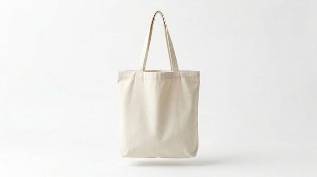 A tote bag mockup with blank canvas isolated, modern office workspace viewed from the front, office supplies nearby