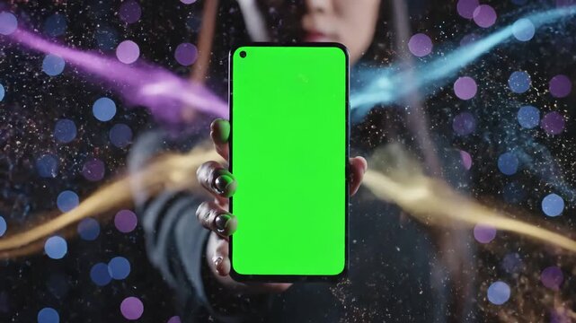 Green Screen blank digital smartphone in hand of asia women mobile phone scene 2 with distortion, overlay, glitch, static noise, scan lines on black background, 4k animated video loop