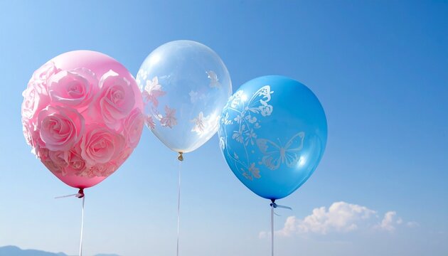 Colorful decorative balloons floating against clear blue sky, festive celebration concept, unique textured pink balloon, cheerful party atmosphere, bright minimal composition.