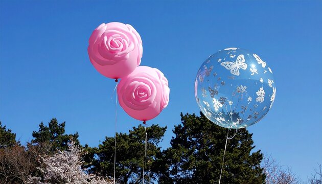 Colorful decorative balloons floating against clear blue sky, festive celebration concept, unique textured pink balloon, cheerful party atmosphere, bright minimal composition.