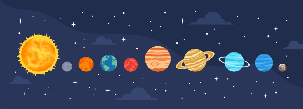 Sun and planets of the Solar System in a row on the background of the starry universe, flat vector illustration