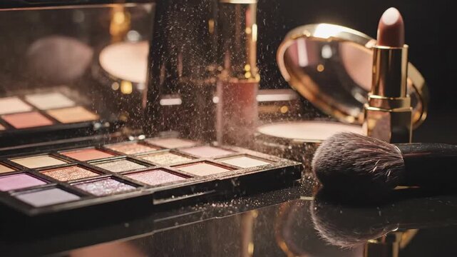 Cosmetics & brushes on a glossy surface, eyeshadows, lipsticks, bronzer and blusher compacts visible