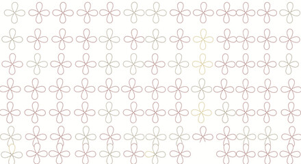 A repeating pattern of delicate, outlined four-petal floral shapes in light pink and purple hues on a clean white background, creating a subtle, elegant texture.