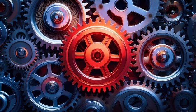 close up of illuminated red gear and multiple dark cogwheels moving in unison representing complex system connection and synergy for technology concept
