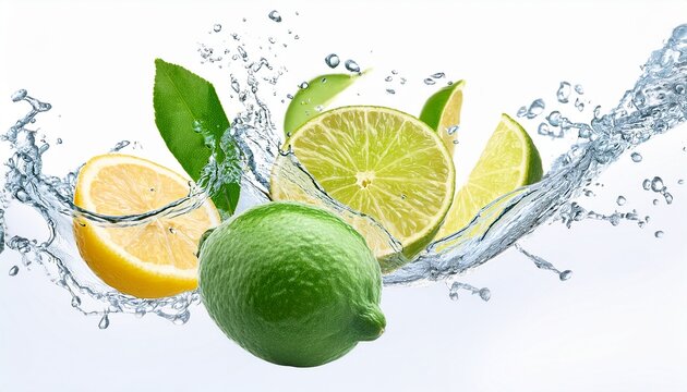 fresh lime falling into water splash with sliced lemon and leaf citrus fruit juice refreshing drink concept on white background