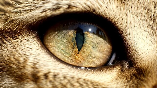 Cat eye macro view with vertical slit and fur