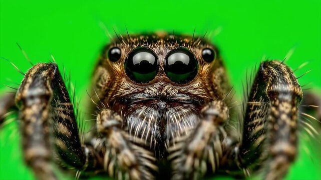 Spider head front view with eye on green background