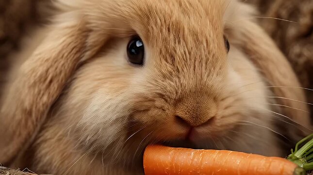 Adorable Rabbit Eating Fresh Carrot Closeup.