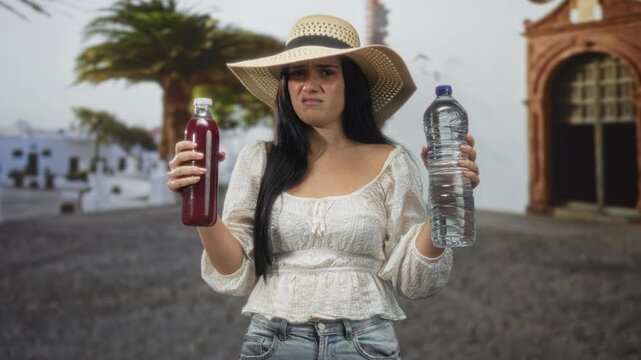 Young hispanic woman holding a red juice bottle and a clear water bottle, grimaces while comparing options on a cobbled street; disgust indecision.