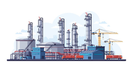 Obraz premium Isometric illustration of an industrial factory complex with construction cranes and various industrial buildings and equipment
