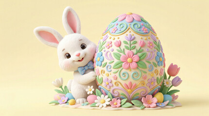 Świąteczny króliczek Wielkanocny z ozdobioną dużą pisanką. Ilustracja dla dzieci z króliczkiem i jajkiem. 