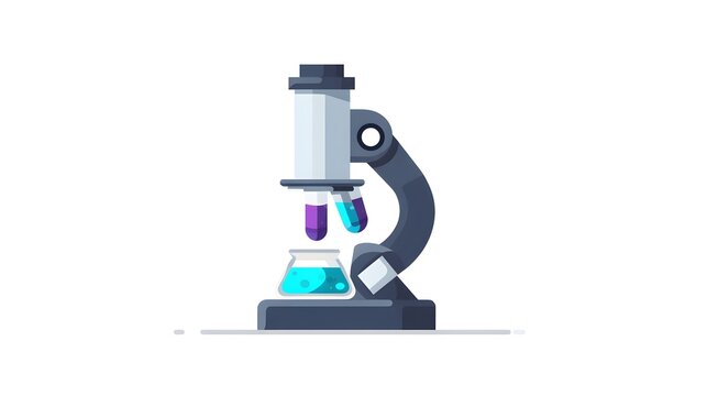 Microscope with Test Tubes and Beaker Illustrating Scientific Experiment.