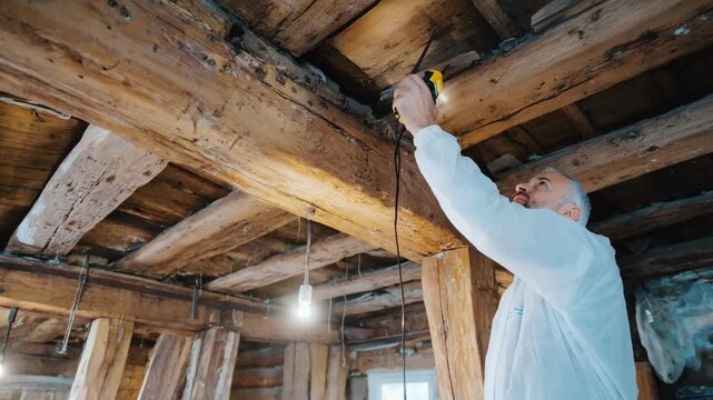 Medium shot of technician using acoustic sensors on wooden beams to detect early signs of woodboring insect activity in structural materials