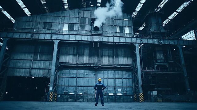 Wide cinematic view of massive factory entrance with small worker emphasizing industrial scale