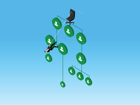 Corporate Career Ladder with Businessman Climbing Organizational Chart to Executive Office Chair 3d isometric vector illustration