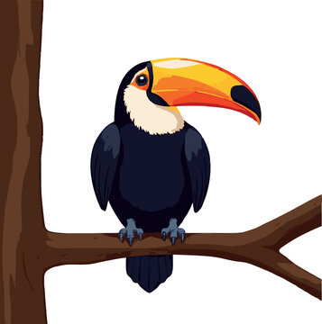 Toucan perched on a tree branch - full body vector on white, 2D realistic vector illustration