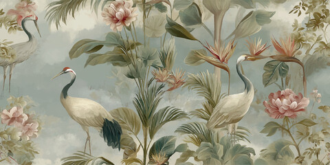 Obraz premium Elegant vintage chinoiserie pattern with graceful cranes pink peonies and tropical palm trees for luxury wall coverings textiles and sophisticated branding.