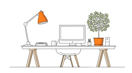 Fototapeta premium Minimalist Home Office Workspace with Computer and Plant Illustration.