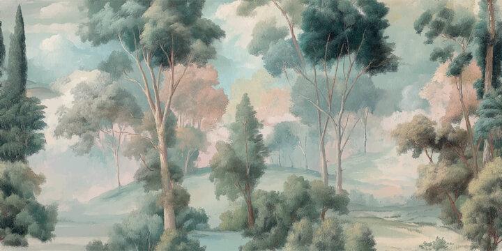 Serene ethereal forest landscape with misty trees in soft pastel tones for design, textiles, wall art, home decor, and calming background wallpapers