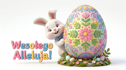 Świąteczny króliczek Wielkanocny z ozdobioną dużą pisanką. Ilustracja dla dzieci z króliczkiem i jajkiem. 