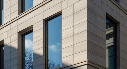 Obraz premium Modern building with large windows reflecting the sky and surroundings