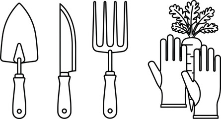 Gardening tools and carrot harvesting equipment vector icon set