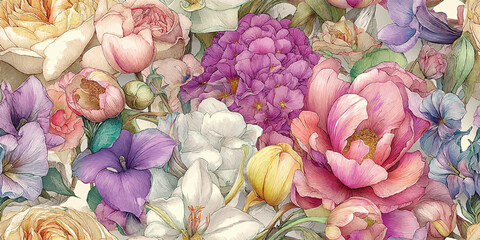 Naklejka premium Lush colorful garden bouquet with vibrant roses, lilies, and spring blossoms for design, textiles, floral packaging, romantic stationery, and home decor wallpapers