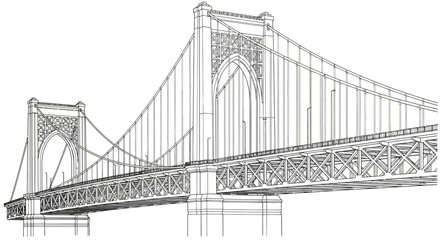 Fototapeta premium Detailed line art vector illustration of a grand suspension bridge, showcasing architectural engineering and structural design on white.