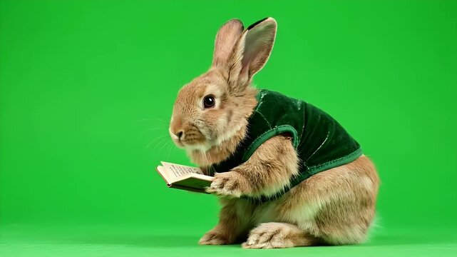 Furry brown rabbit in green vest with small book