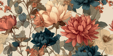 Obraz premium Vintage seamless vector floral pattern with detailed line art peonies and wildflowers in coral and teal for rustic home decor, botanical textiles, elegant wallpapers, and retro-inspired packaging