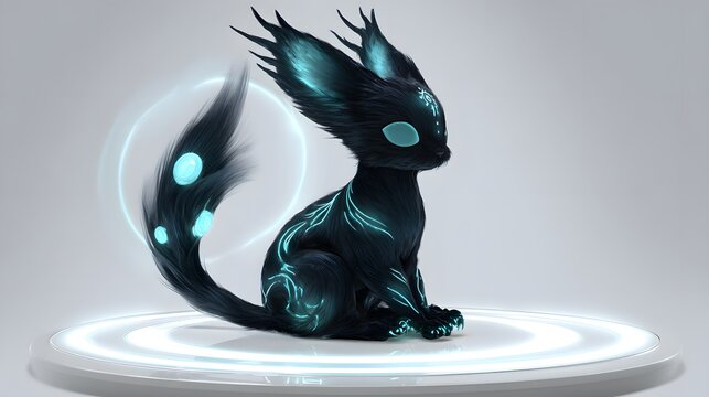 Mystical Glowing Creature with Bioluminescent Markings on a Futuristic Pedestal.