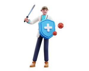3d Illustration of Doctor Character Pose Fighting Virus