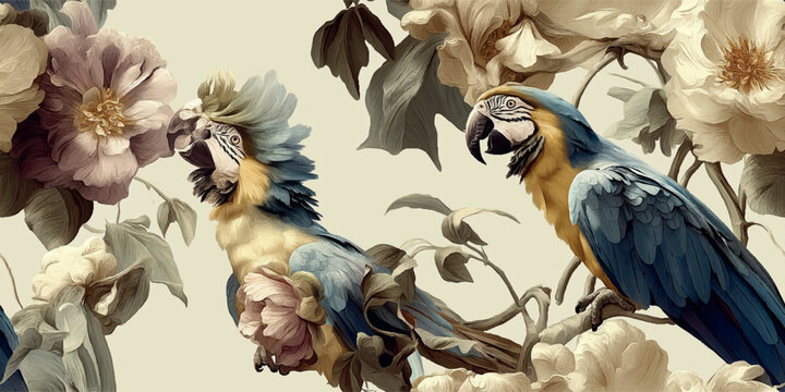 rtistic seamless vector pattern with majestic macaws and vintage cream peonies for luxury interior wallpapers, exotic textiles, high-end fashion prints, tropical branding, and decorative packaging